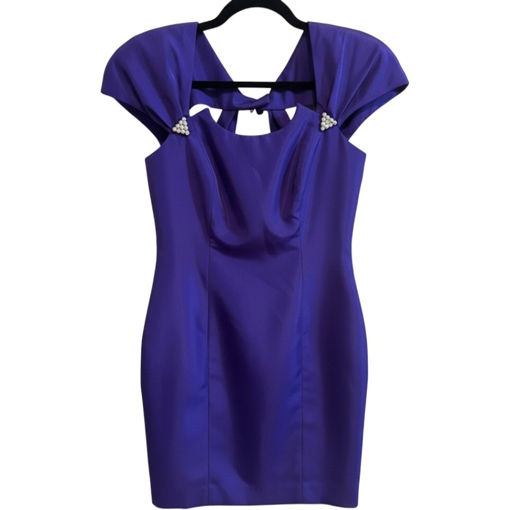 Vintage En Francais Huey Waltzer Purple Satin Cocktail Dress Pearl Detail Sz 8